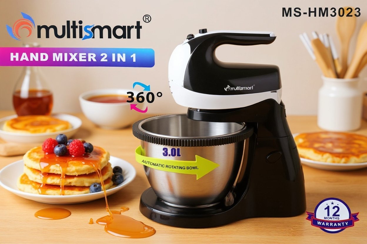 Batteur avec Bol rotatif en inox 03L 300W 05 Vitesses MultiSmart MS-HM3023 – Image 3