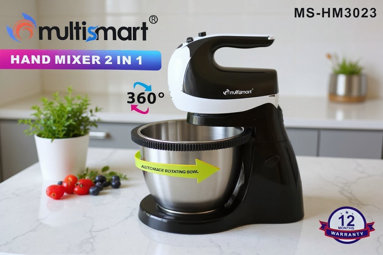 Batteur avec Bol rotatif en inox 03L 300W 05 Vitesses MultiSmart MS-HM3023 – Image 2